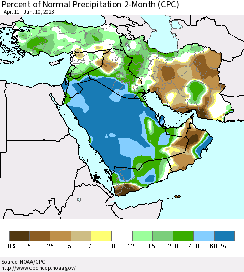 Middle East and Turkey Percent of Normal Precipitation 2-Month (CPC) Thematic Map For 4/11/2023 - 6/10/2023