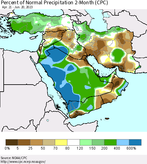 Middle East and Turkey Percent of Normal Precipitation 2-Month (CPC) Thematic Map For 4/21/2023 - 6/20/2023