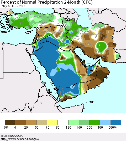 Middle East and Turkey Percent of Normal Precipitation 2-Month (CPC) Thematic Map For 5/6/2023 - 7/5/2023