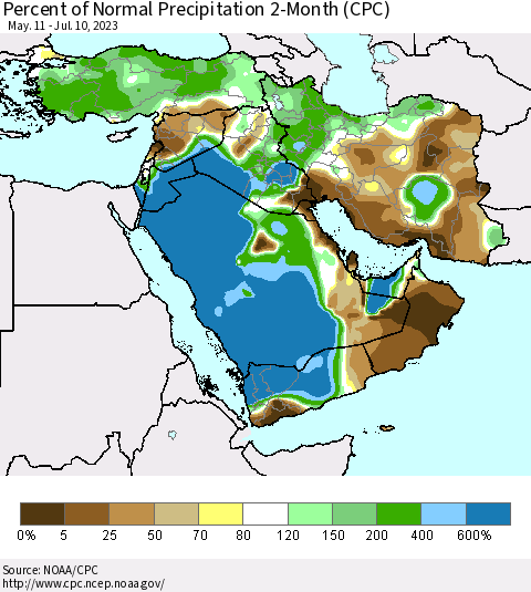 Middle East and Turkey Percent of Normal Precipitation 2-Month (CPC) Thematic Map For 5/11/2023 - 7/10/2023