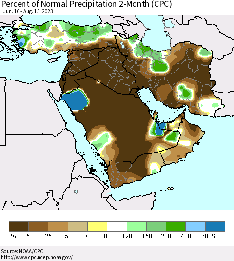 Middle East and Turkey Percent of Normal Precipitation 2-Month (CPC) Thematic Map For 6/16/2023 - 8/15/2023