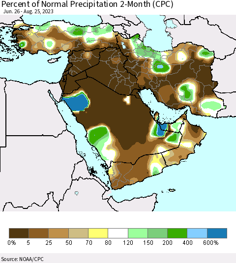 Middle East and Turkey Percent of Normal Precipitation 2-Month (CPC) Thematic Map For 6/26/2023 - 8/25/2023