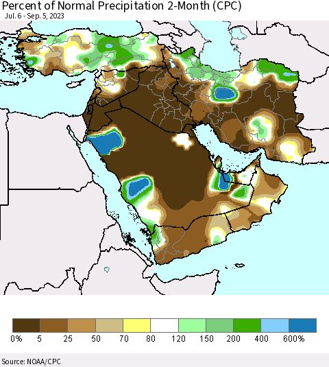 Middle East and Turkey Percent of Normal Precipitation 2-Month (CPC) Thematic Map For 7/6/2023 - 9/5/2023