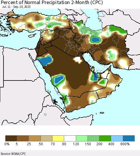 Middle East and Turkey Percent of Normal Precipitation 2-Month (CPC) Thematic Map For 7/11/2023 - 9/10/2023