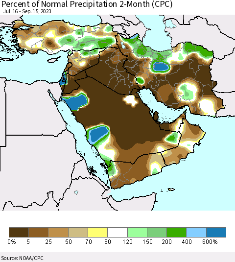 Middle East and Turkey Percent of Normal Precipitation 2-Month (CPC) Thematic Map For 7/16/2023 - 9/15/2023