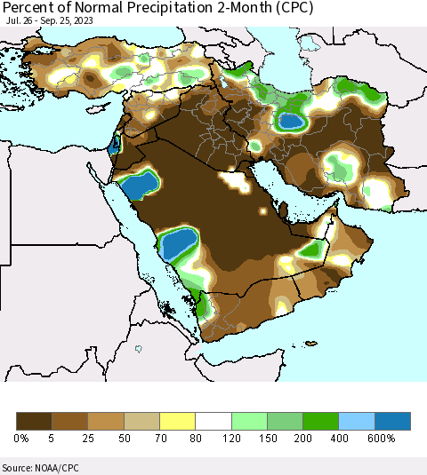 Middle East and Turkey Percent of Normal Precipitation 2-Month (CPC) Thematic Map For 7/26/2023 - 9/25/2023