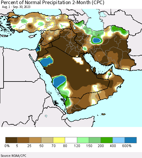Middle East and Turkey Percent of Normal Precipitation 2-Month (CPC) Thematic Map For 8/1/2023 - 9/30/2023