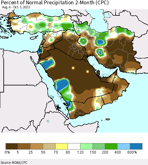 Middle East and Turkey Percent of Normal Precipitation 2-Month (CPC) Thematic Map For 8/6/2023 - 10/5/2023
