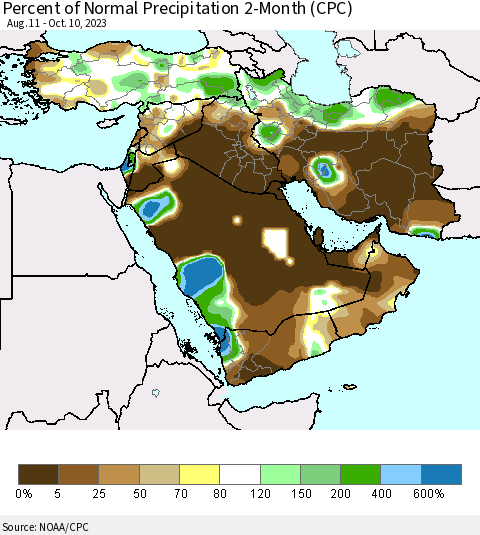 Middle East and Turkey Percent of Normal Precipitation 2-Month (CPC) Thematic Map For 8/11/2023 - 10/10/2023