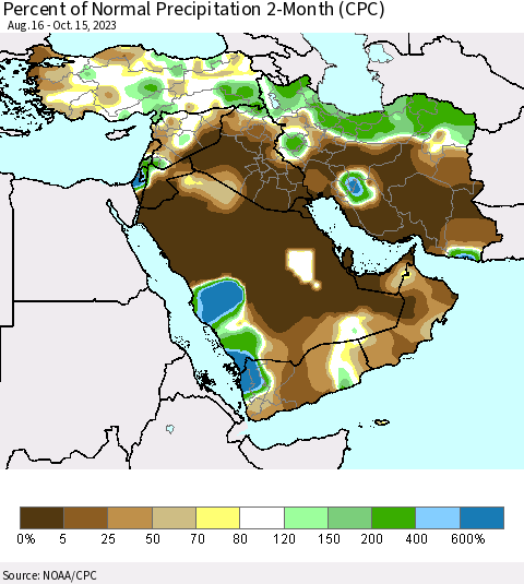 Middle East and Turkey Percent of Normal Precipitation 2-Month (CPC) Thematic Map For 8/16/2023 - 10/15/2023