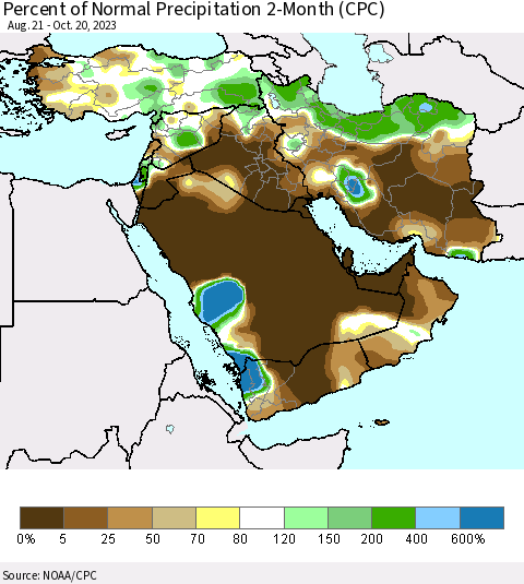 Middle East and Turkey Percent of Normal Precipitation 2-Month (CPC) Thematic Map For 8/21/2023 - 10/20/2023