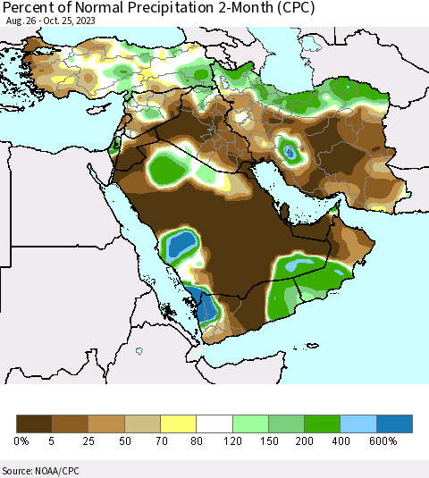 Middle East and Turkey Percent of Normal Precipitation 2-Month (CPC) Thematic Map For 8/26/2023 - 10/25/2023