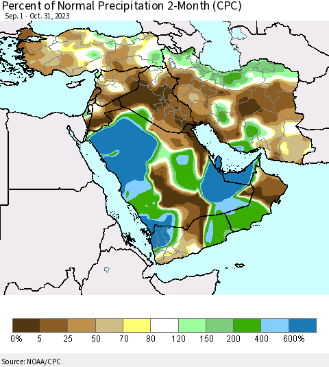 Middle East and Turkey Percent of Normal Precipitation 2-Month (CPC) Thematic Map For 9/1/2023 - 10/31/2023