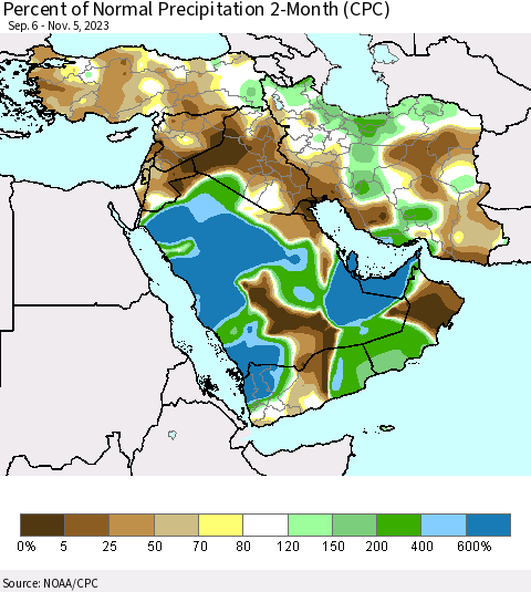 Middle East and Turkey Percent of Normal Precipitation 2-Month (CPC) Thematic Map For 9/6/2023 - 11/5/2023