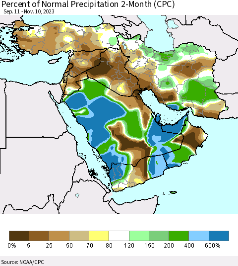 Middle East and Turkey Percent of Normal Precipitation 2-Month (CPC) Thematic Map For 9/11/2023 - 11/10/2023
