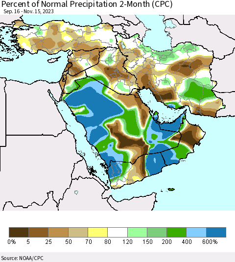 Middle East and Turkey Percent of Normal Precipitation 2-Month (CPC) Thematic Map For 9/16/2023 - 11/15/2023