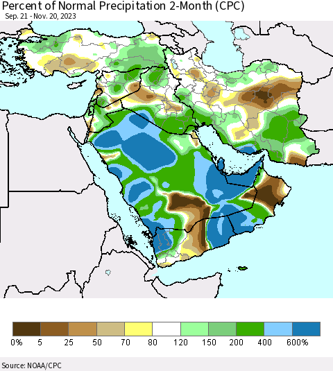 Middle East and Turkey Percent of Normal Precipitation 2-Month (CPC) Thematic Map For 9/21/2023 - 11/20/2023