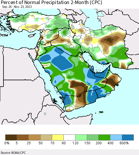 Middle East and Turkey Percent of Normal Precipitation 2-Month (CPC) Thematic Map For 9/26/2023 - 11/25/2023