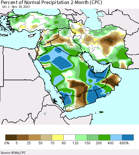 Middle East and Turkey Percent of Normal Precipitation 2-Month (CPC) Thematic Map For 10/1/2023 - 11/30/2023