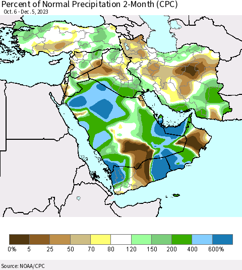 Middle East and Turkey Percent of Normal Precipitation 2-Month (CPC) Thematic Map For 10/6/2023 - 12/5/2023