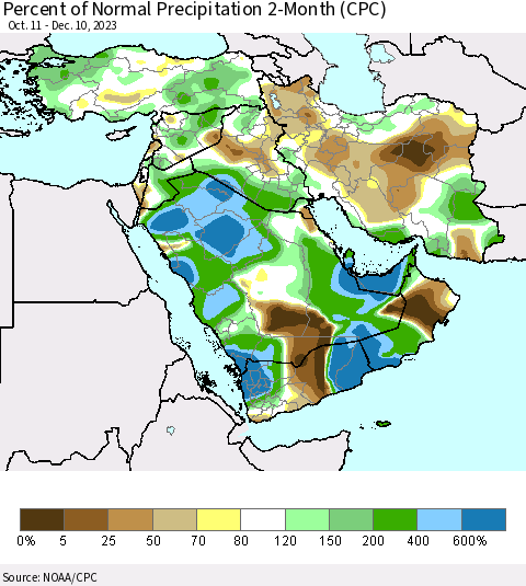 Middle East and Turkey Percent of Normal Precipitation 2-Month (CPC) Thematic Map For 10/11/2023 - 12/10/2023
