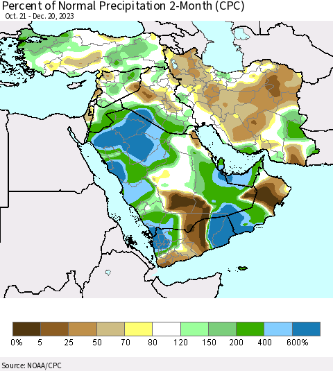 Middle East and Turkey Percent of Normal Precipitation 2-Month (CPC) Thematic Map For 10/21/2023 - 12/20/2023