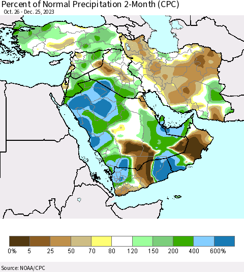 Middle East and Turkey Percent of Normal Precipitation 2-Month (CPC) Thematic Map For 10/26/2023 - 12/25/2023