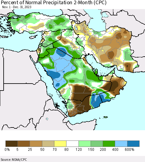 Middle East and Turkey Percent of Normal Precipitation 2-Month (CPC) Thematic Map For 11/1/2023 - 12/31/2023