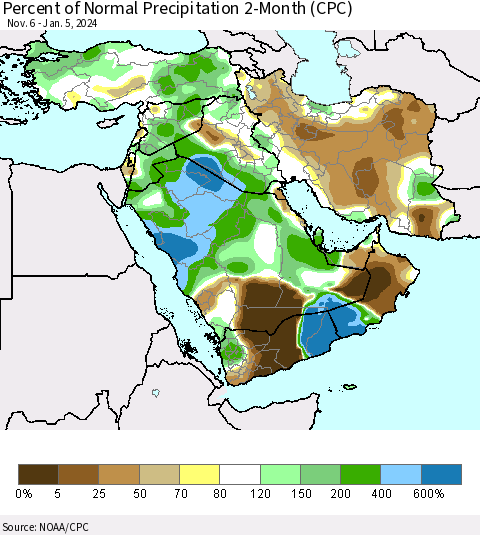 Middle East and Turkey Percent of Normal Precipitation 2-Month (CPC) Thematic Map For 11/6/2023 - 1/5/2024
