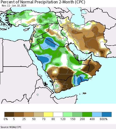 Middle East and Turkey Percent of Normal Precipitation 2-Month (CPC) Thematic Map For 11/11/2023 - 1/10/2024
