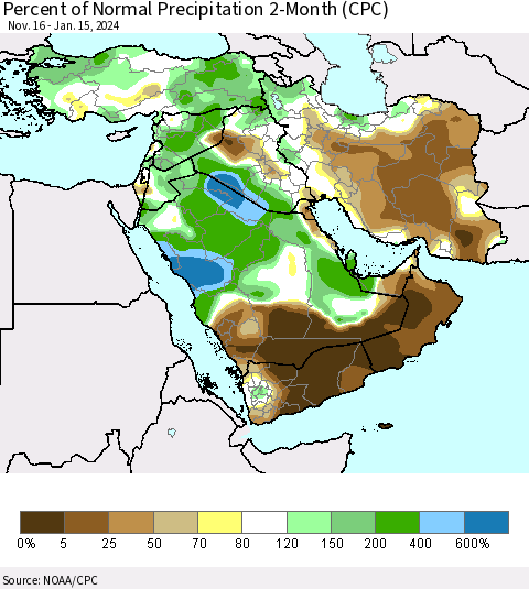 Middle East and Turkey Percent of Normal Precipitation 2-Month (CPC) Thematic Map For 11/16/2023 - 1/15/2024