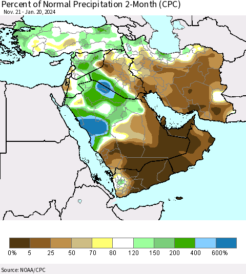 Middle East and Turkey Percent of Normal Precipitation 2-Month (CPC) Thematic Map For 11/21/2023 - 1/20/2024