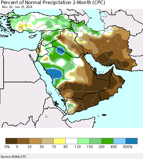 Middle East and Turkey Percent of Normal Precipitation 2-Month (CPC) Thematic Map For 11/26/2023 - 1/25/2024