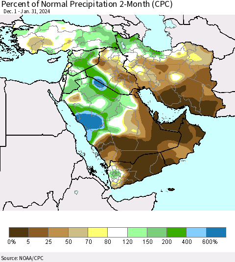 Middle East and Turkey Percent of Normal Precipitation 2-Month (CPC) Thematic Map For 12/1/2023 - 1/31/2024