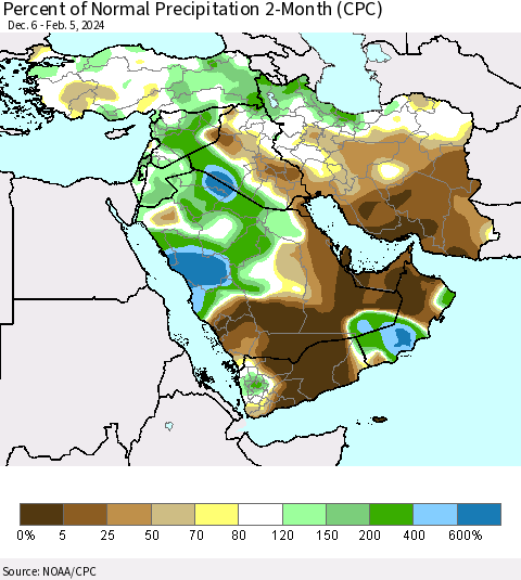 Middle East and Turkey Percent of Normal Precipitation 2-Month (CPC) Thematic Map For 12/6/2023 - 2/5/2024