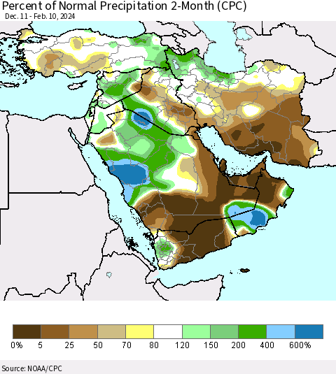 Middle East and Turkey Percent of Normal Precipitation 2-Month (CPC) Thematic Map For 12/11/2023 - 2/10/2024