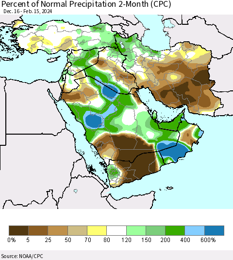 Middle East and Turkey Percent of Normal Precipitation 2-Month (CPC) Thematic Map For 12/16/2023 - 2/15/2024