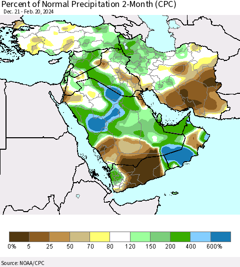 Middle East and Turkey Percent of Normal Precipitation 2-Month (CPC) Thematic Map For 12/21/2023 - 2/20/2024