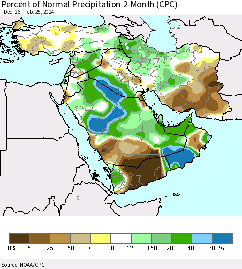 Middle East and Turkey Percent of Normal Precipitation 2-Month (CPC) Thematic Map For 12/26/2023 - 2/25/2024