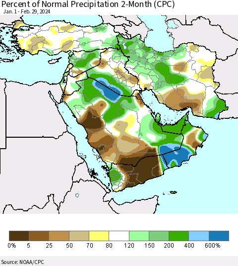Middle East and Turkey Percent of Normal Precipitation 2-Month (CPC) Thematic Map For 1/1/2024 - 2/29/2024