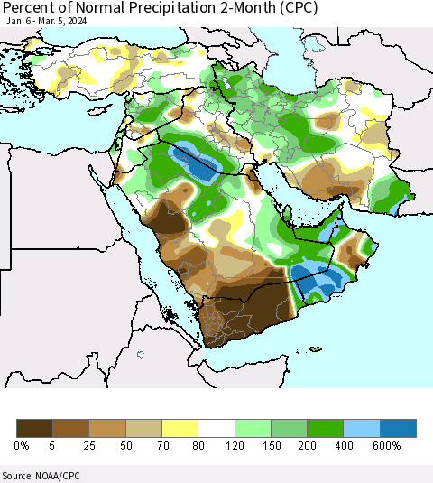 Middle East and Turkey Percent of Normal Precipitation 2-Month (CPC) Thematic Map For 1/6/2024 - 3/5/2024
