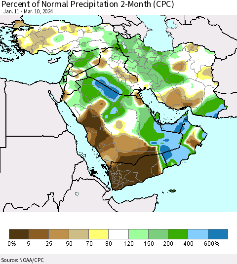 Middle East and Turkey Percent of Normal Precipitation 2-Month (CPC) Thematic Map For 1/11/2024 - 3/10/2024