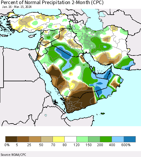 Middle East and Turkey Percent of Normal Precipitation 2-Month (CPC) Thematic Map For 1/16/2024 - 3/15/2024