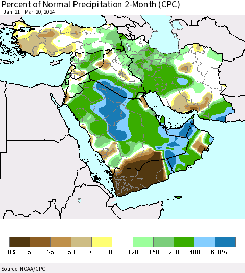 Middle East and Turkey Percent of Normal Precipitation 2-Month (CPC) Thematic Map For 1/21/2024 - 3/20/2024