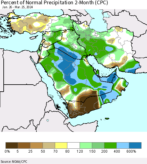 Middle East and Turkey Percent of Normal Precipitation 2-Month (CPC) Thematic Map For 1/26/2024 - 3/25/2024