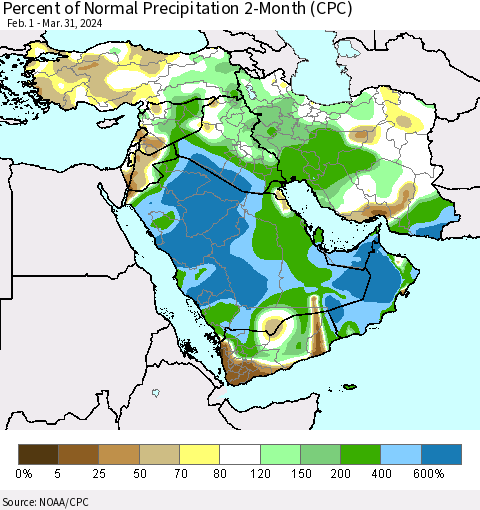 Middle East and Turkey Percent of Normal Precipitation 2-Month (CPC) Thematic Map For 2/1/2024 - 3/31/2024