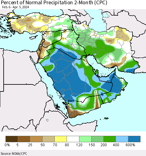 Middle East and Turkey Percent of Normal Precipitation 2-Month (CPC) Thematic Map For 2/6/2024 - 4/5/2024