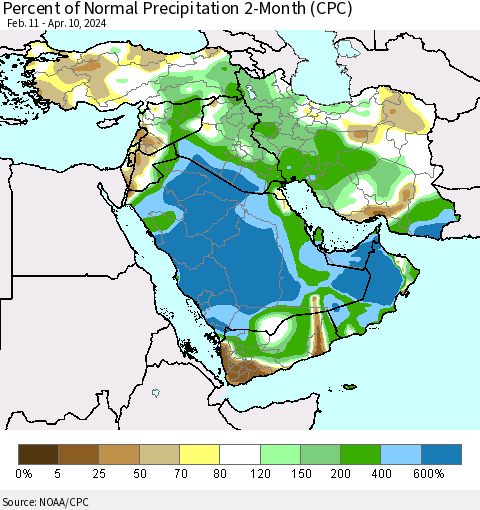 Middle East and Turkey Percent of Normal Precipitation 2-Month (CPC) Thematic Map For 2/11/2024 - 4/10/2024