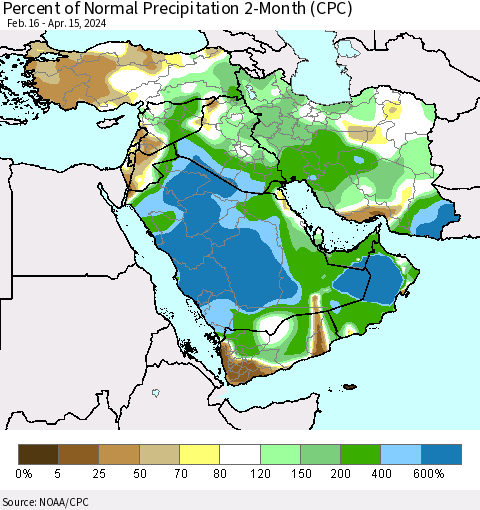 Middle East and Turkey Percent of Normal Precipitation 2-Month (CPC) Thematic Map For 2/16/2024 - 4/15/2024