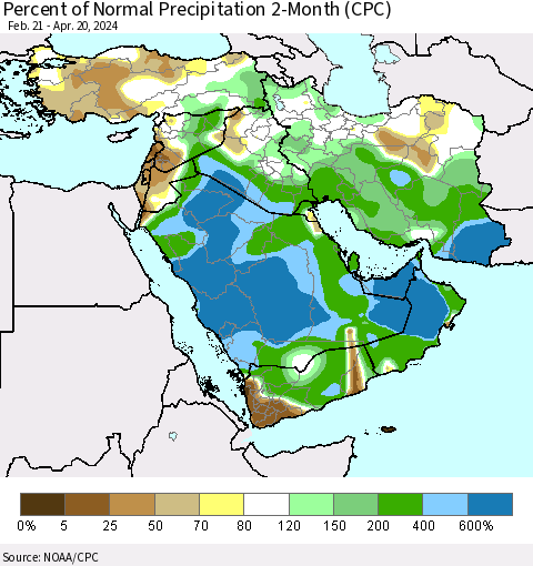 Middle East and Turkey Percent of Normal Precipitation 2-Month (CPC) Thematic Map For 2/21/2024 - 4/20/2024